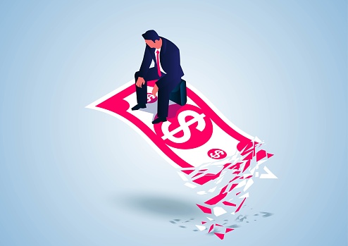 Desperate businessman sitting flying on gradually broken banknotes, business concept illustration