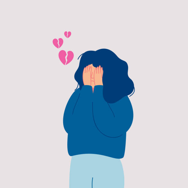 Desperate sad young woman with broken heart cries covering her face with her hands. Desperate sad young woman with broken heart cries covering her face with her hands. Hand drawn style vector design illustrations divorce symbols stock illustrations