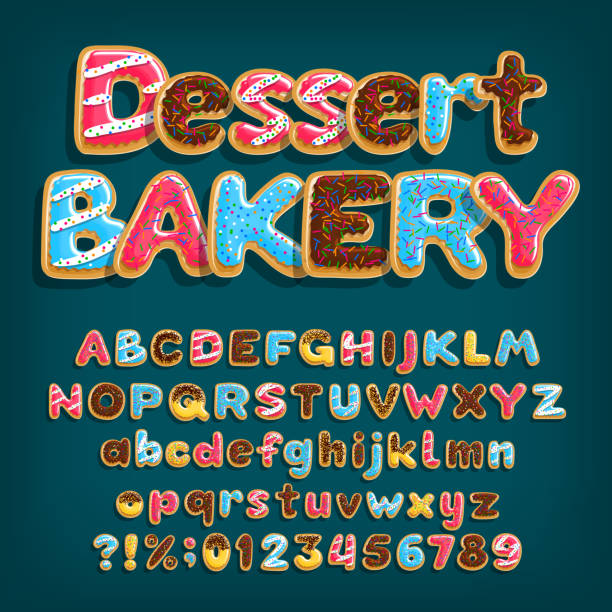 stockillustraties, clipart, cartoons en iconen met dessert bakkerij alfabet lettertype. hoofdletters en kleine dessert brieven. - chocoladeletter