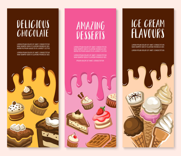 stockillustraties, clipart, cartoons en iconen met dessert, ijs en chocolade gebakje banner instellen - brownie