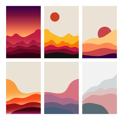 Vector illustration of a set of minimal style backgrounds depicting a dessert landscape.