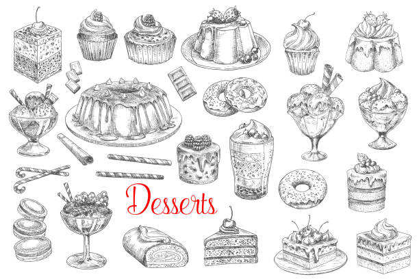Desserts and sweets, pastry cakes, biscuits sketch Cakes and pastry sweets, bakery desserts, vector sketch icons. Hand drawn patisserie sweet desserts, tiramisu cake, chocolate cupcake with berries and fruits, ice cream and waffle biscuit and donut cake illustrations stock illustrations