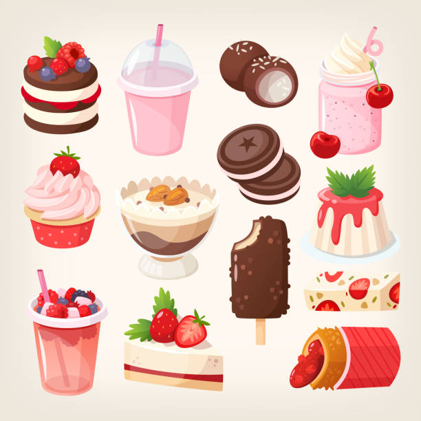 Desserts made of chocolate, strawberry and forest fruit. Set of delicious sweet desserts made of chocolate, strawberry and forest fruit. Glazed, stuffed and filled pastry in a confectionary or coffee shop cafe. Isolated vector images dessert stock illustrations