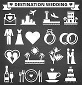 Destination Wedding Vector Icon Set on Black Chalkboard. This royalty free vector illustration features Destination Wedding Vector Icon Set on Black Chalkboard. Each 100% vector design element can be used independently or as part of this royalty free graphic set. The blackboard has a slight texture.