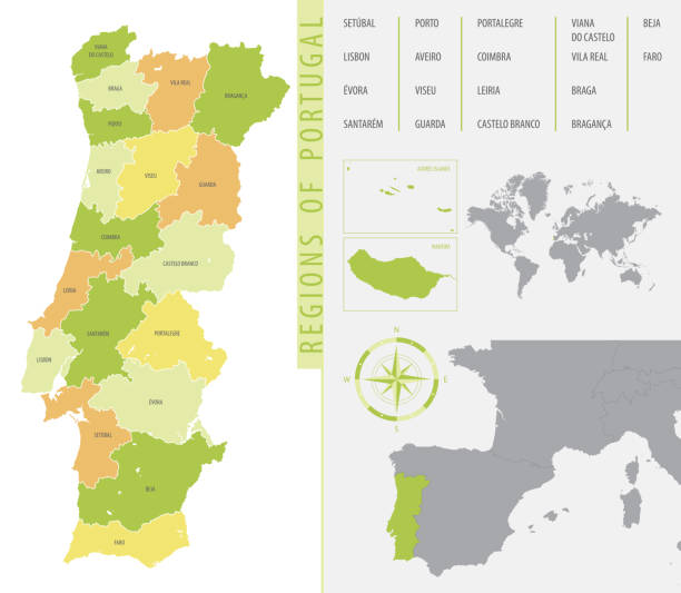 ilustrações de stock, clip art, desenhos animados e ícones de detailed administrative divisions map portugal showing the location country on map of europe, color vector illustration - alentejo