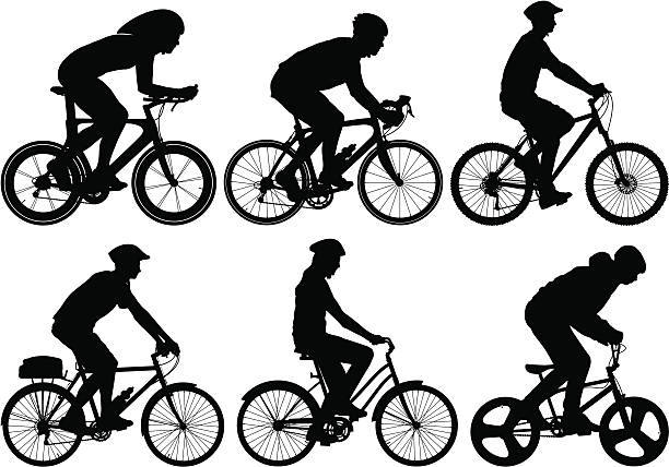 Detailed Bike Riders Vector illustration silhouettes of many different types of bikes with rider. cycling silhouettes stock illustrations