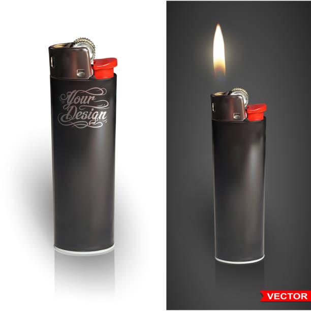 Detailed graphic photorealistic cigarette lighter Detailed graphic photorealistic black cigarette lighter with fire. Isolated on white background. Vector icon. cigarette lighter stock illustrations