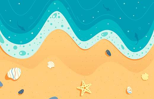 Detailed illustration of sea and beach top view. Summer vacation background illustration.