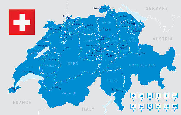 detailed illustration of switzerland's regions and states - freiburg 幅插畫檔、美工圖案、卡通及圖標