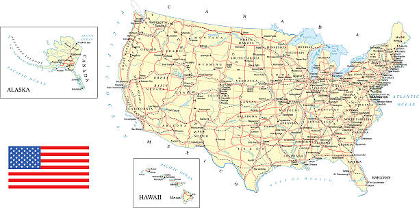 USA - detailed map - illustration Large detailed road map of United States map of new england states stock illustrations
