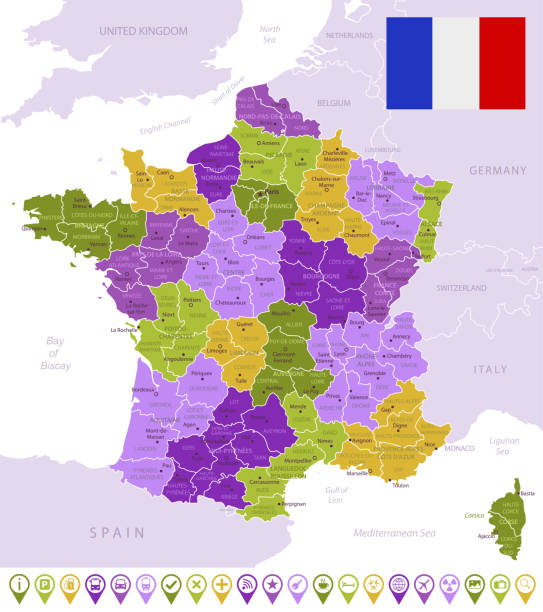국기, 지역 및 국가의 국경과 프랑스의 상세한지도. 보라색, 노란색, 녹색. - lyon stock illustrations
