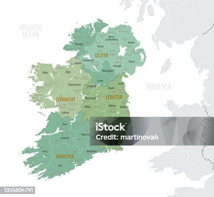 istock Detailed map of Ireland with administrative divisions into provinces and counties, major cities of the country, vector illustration onwhite background 1355804791
