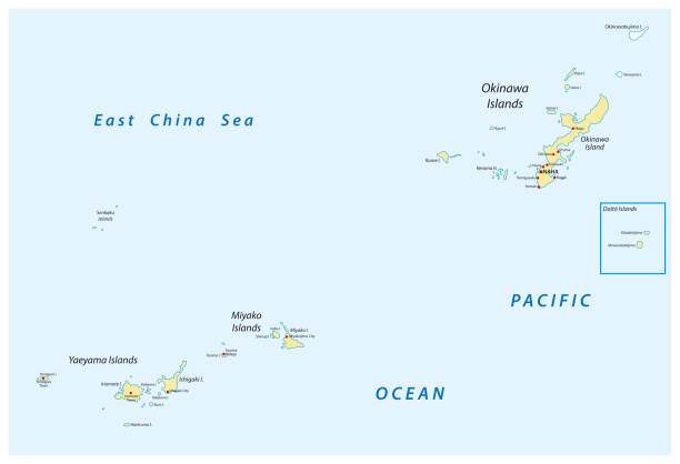 bildbanksillustrationer, clip art samt tecknat material och ikoner med detaljerad karta över japanska ön grupper okinawa, miyako och yaeyamaöarna, japan - skärgård