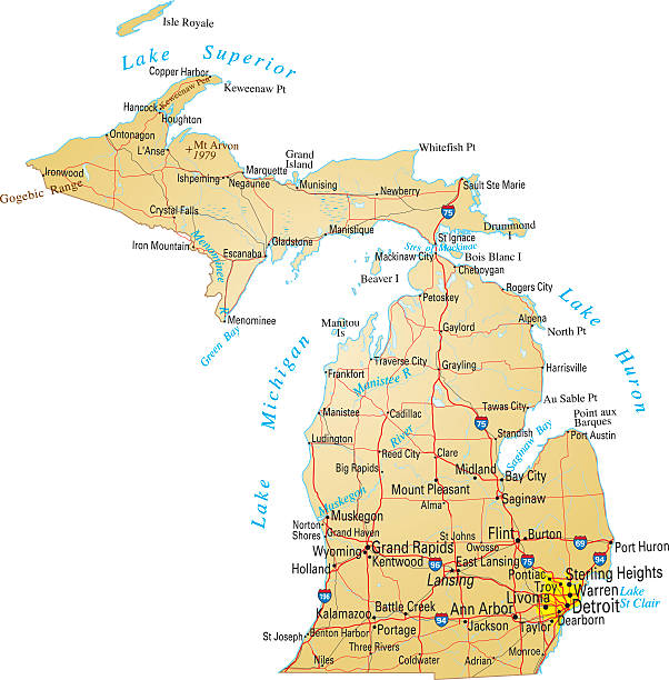 A detailed map of Michigan America Vector illustration of map of Michigan with major roads, rivers and lakes. michigan stock illustrations