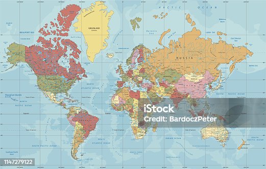 istock Detailed Political World map in Mercator projection 1147279122