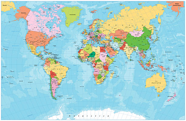 szczegółowa mapa świata politycznego ze stolicami, rzekami i jeziorami - south africa stock illustrations