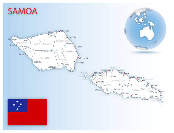 Detailed Samoa administrative map with country flag and location on a blue globe. Detailed Samoa administrative map with country flag and location on a blue globe. Vector illustration apia samoa stock illustrations