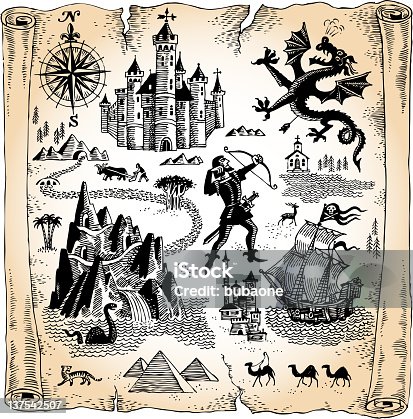 istock Detailed Scroll Map with Dragons, Castles and Pyramids 137542507