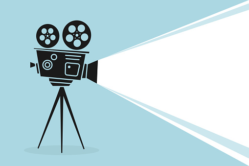 Detailed silhouette of vintage cinema projector or camcorder on a tripod. Cinema background. Old film projector with place for your text. Movie festival template for banner, flyer, poster or tickets
