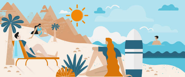 Detailed summer illustration of people on the beach. Girl with a surfboard, a man lying on the sun chair, a lady relaxing on the towel, and a boy swimming in the sea. Beach scene with mountains in the back, palm trees on the beach, sun, clouds, and sea. vector art illustration