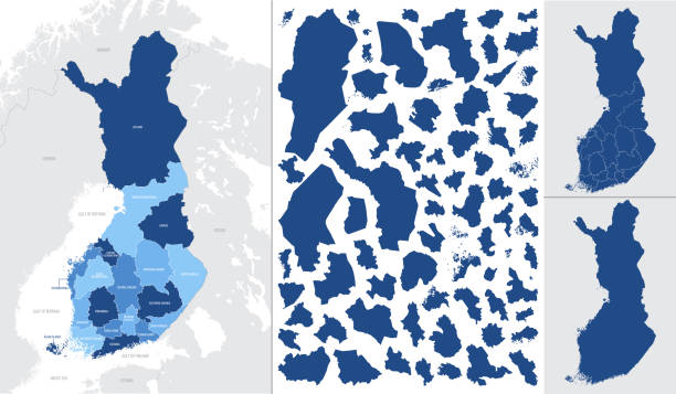 detailed, vector, blue map of finland with administrative divisions into regions country - 北卡累利阿區 芬蘭 幅插畫檔、美工圖案、卡通及圖標