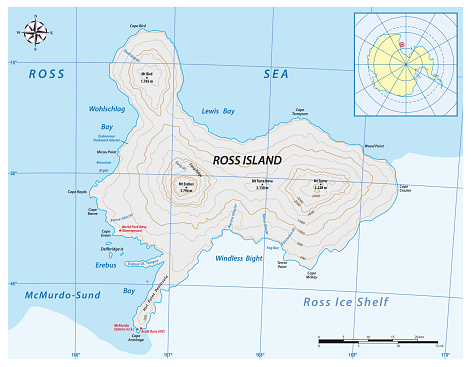 detailed vector map of the volcanic Ross Island in Antarctica