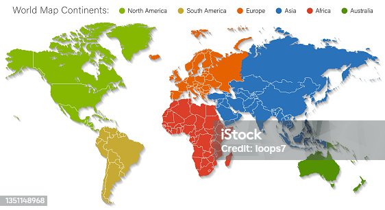 istock Detailed World Map Divided into Six Continents - Accurate & Correct Version 1351148968