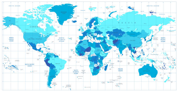 detailed world map in colors of blue - england australia 幅插畫檔、美工圖案、卡通及圖標