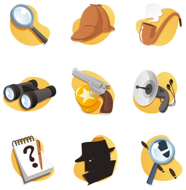 Detective Icon Set with Magnifying Glass Binoculars Gun Radar Notepad Detective elements in vector format, including gun,hat, pipe, Magnifying Glass, and many more. sherlock holmes stock illustrations