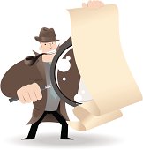 Vector illustration – Detective Inspector With Magnifier And File, Looking,  Searching Something. 