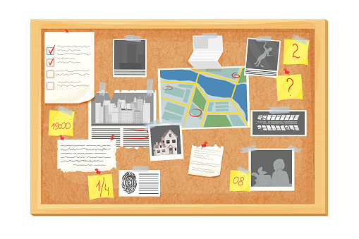 Detective investigation cork board, work place in cartoon style isolated on white background. Mystery photo, map, police mind plan . Vector illustration