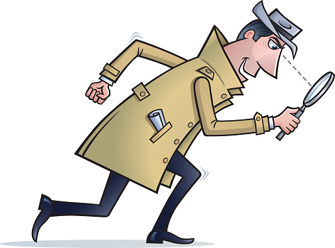 Cartoon of a police detective type character wearing a trench coat and hat and using a magnifying glass. vector