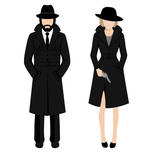 detective spy man and woman character. private ivestigation agent. mafia gangster Vector illustration of a detective spy man and woman character. private ivestigation agent. mafia gangster gangster stock illustrations