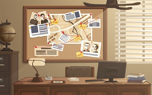 Detective workplace. Police office with investigation board. Searching evidences. Photos, notes and map attached to pinboard. Investigators room with desk and safe. Vector illustration
