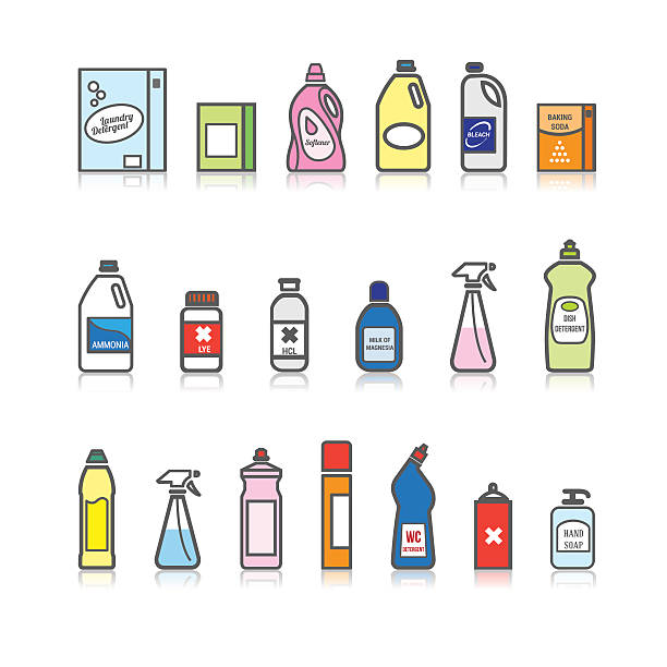 Detergents set Detergents set for cleaning, loundry and house hygiene ammonia stock illustrations