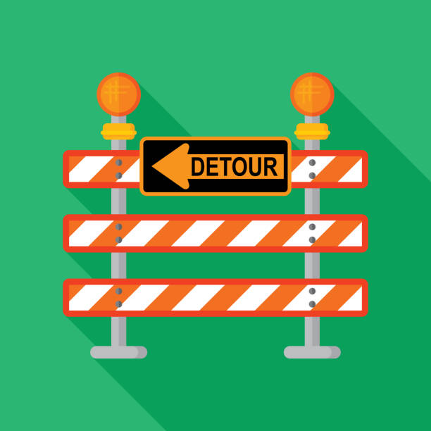 Detour Sign Icon Flat Vector illustration of a road block with detour sign against a green background in flat style. dead end road stock illustrations
