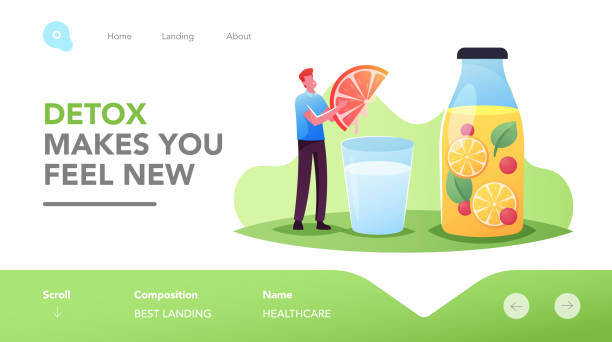 Detox Dieting Landing Page Template. Tiny Male Character Press Grapefruit Slice in Huge Water Glass Cooking Smoothies Detox Dieting Landing Page Template. Tiny Male Character Press Grapefruit Slice in Huge Water Glass Cooking Smoothies, Lemon Juice. Man Making and Drinking Cold Drinks. Cartoon Vector Illustration juice drink stock illustrations