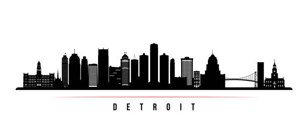 stockillustraties, clipart, cartoons en iconen met detroit city skyline horizontale banner. zwart-wit silhouet van detroit city, michigan. vector sjabloon voor uw ontwerp. - skyline