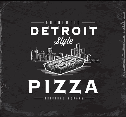 Detroit-style square pizza vintage label with square pan pizza and sketchy Detroit skyline design with text