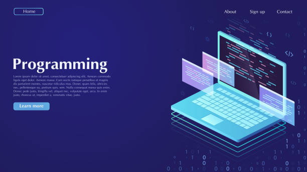 Development and software. Concept of programming, data processing. Сomputer code with windows on laptop screen. Development and software. Concept of programming, data processing. Сomputer code with windows on laptop screen. coding stock illustrations