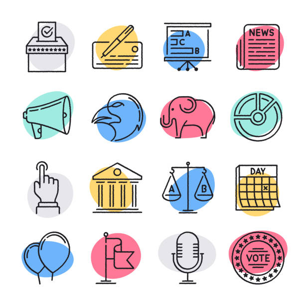 Development & Democracy Doodle Style Vector Icon Set Modern development and democracy doodle style concept outline symbols. Line vector icon sets for infographics and web designs. voting drawings stock illustrations