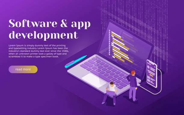 Development of software and mobile app. Program code on laptop and phone screen. vector art illustration