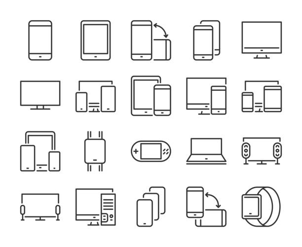 ilustrações, clipart, desenhos animados e ícones de ícone do dispositivo. ícones da linha eletrônica e dos dispositivos ajustados. traço editável. pixel perfeito. - computador desktop