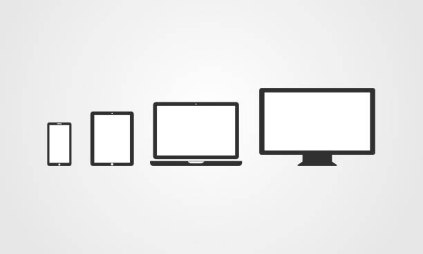 illustrazioni stock, clip art, cartoni animati e icone di tendenza di icone del dispositivo. smartphone, tablet, laptop e computer desktop - scrivania