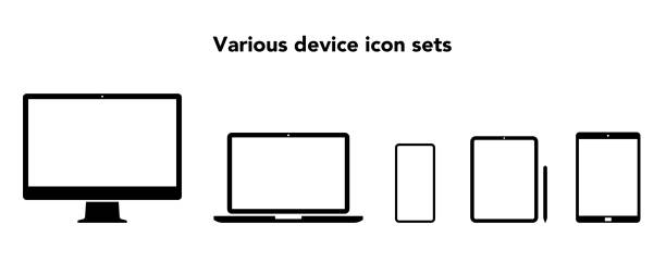 device icons such as personal computers and smartphone device icons such as personal computers and smartphone, Tablet, symbol, sign laptop silhouettes stock illustrations