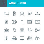 Set of Devices and Technology thin line vector icons.