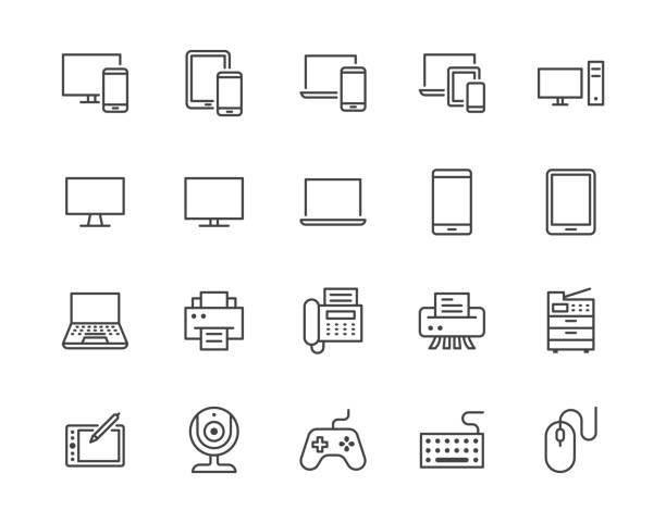 設置設備平面線圖示。電腦、筆記本電腦、電腦、智慧手機、桌上型電腦、辦公室影印機向量插圖。概述電子商店的最小標誌。圖元完美 64x64。可編輯描邊 - iphone 幅插畫檔、美工圖案、卡通及圖標