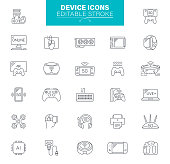 Digital Devices line icons set. Pc, laptop, computer, smartphone, desktop, office copy machine vector illustrations. Pixel perfect. Editable Strokes.