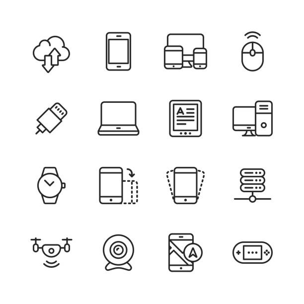 Devices Line Icons. Editable Stroke. Pixel Perfect. For Mobile and Web. Contains such icons as Smartphone, Smartwatch, Gaming, Computer Network, Ebook Reader. 16 Devices Outline Icons. usb cable stock illustrations