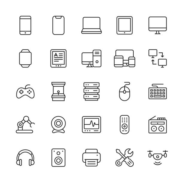 Devices Line Icons. Editable Stroke. Pixel Perfect. For Mobile and Web. Contains such icons as Artificial Intelligence, Camera, Computer, Database, Drone, Headphones, Laptop, Monitor, PC, Smartphone, Smartwatch, Tablet, Video Game, Virtual Reality. 25 Devices Outline Icons. Arcade Machine, Artificial Intelligence, Camera, Cloud Computing, Computer, Computer Network, Database, Device, Drone, E-Reader, Gaming Console, Headphones, Healthcare, Joystick, Keyboard, Laptop, Location, Map, Medicine, Mobile Phone, Monitor, Mouse, Navigation, Payments, PC, Phone, Printer, Processor, Radio, Selfie, Smartphone, Smartwatch, Speaker, Tablet, Tools, TV Remote, USB Stick, Video Call, Video Camera, Video Conference, Video Game, Virtual Reality, Watch, Web Server, Webcam. drone patterns stock illustrations